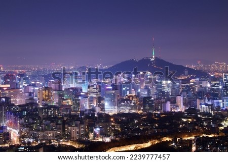 Night view of downtown Seoul skyline from the top of a hill, South Korea Royalty-Free Stock Photo #2239777457