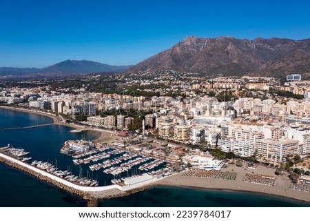 Beautiful aerial perspective of luxury and exclusive area of Marbella, golden mile beach. Spain Royalty-Free Stock Photo #2239784017