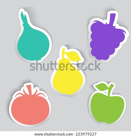 Autumn stickers set in fruits and vegetables shape. Bright colorful elements and promotional text. Eps 10 vector illustration.