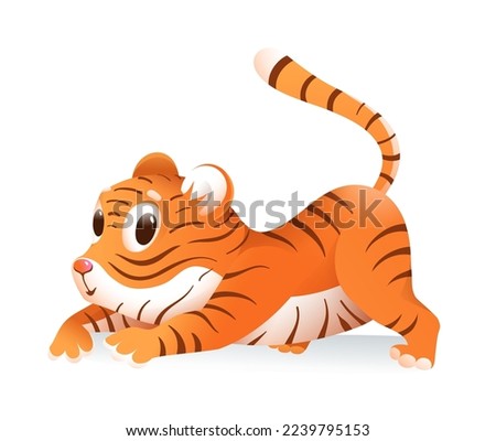 Cute playful baby tiger cartoon animal illustration for children. Little curious crawling sneaky tiger playing, zoo and educational clip art for kids. Vector graphics.