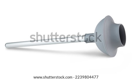 Toilet plunger. Flange plunger for sink, toilet and drains. WC problem with water flushing. Fix stuck water in bathroom or kitchen. Professional plumbing tools. Toilet plunger with metal handle. Royalty-Free Stock Photo #2239804477