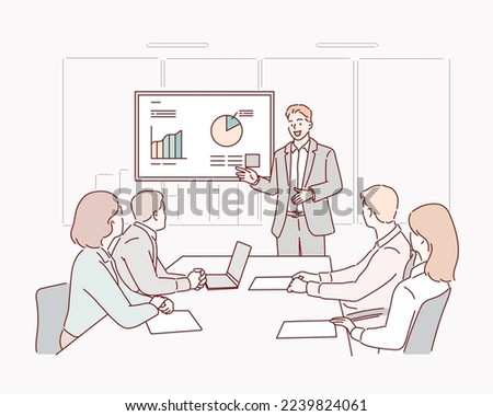 Business people are working in office. Handsome young businessman is making presentation for his colleagues, pointing to the board. Hand drawn style vector design illustration.