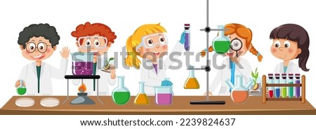 Scientist kids doing chemical experiment illustration