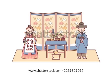 Groom and bride characters having a traditional Korean wedding ceremony. There is a food table in the middle and a folding screen at the back.