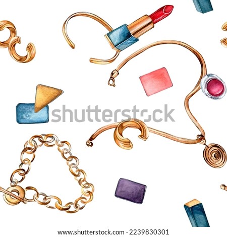Femal accessories with chain, rouge watercolor seamless pattern isolated on white.
