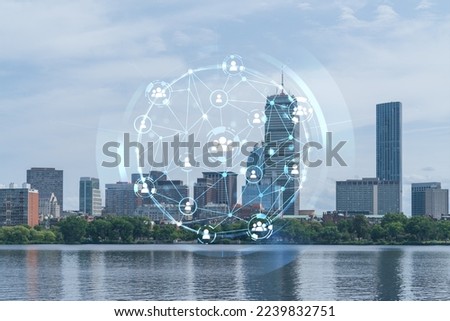 Panorama skyline, city view of Boston at day time, Massachusetts. Financial downtown. Glowing Social media icons. The concept of networking and establishing new business connections between people