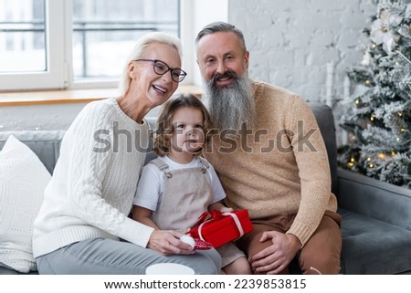 Attractive senior grandparents exchanging Christmas and New Year gift box with granddaughter, cute little girl. Looking happy and excited sitting near decorated tree in red Santa hats