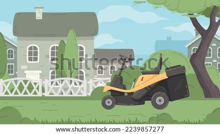 Lawn mowing cartoon poster with grass cutting machine and country house on background vector illustration