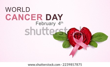 Purple ribbon and rose flower with a colored background. World Cancer Day