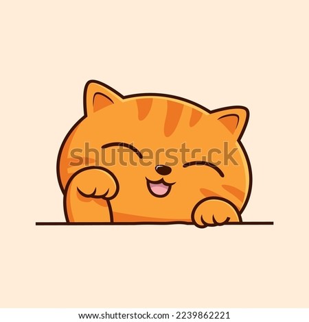 Striped Orange Cat Cartoon - Cute Tabby Cat Waving Hand Pawns Vector