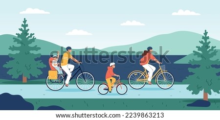 Family outing flat background with mother father and children riding bicycles on nature vector illustration