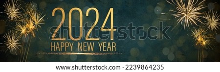 Happy New Year 2024 Party Silvester background banner panorama long- Golden yellow firework on green texture