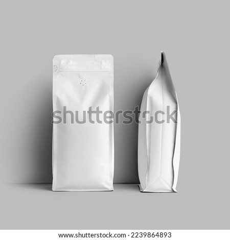 Mockup of a white bag for coffee beans, packaging with a degassing valve, front, side space for design, branding. Set. Template of stable pack with tea, for advertising, isolated on background Royalty-Free Stock Photo #2239864893