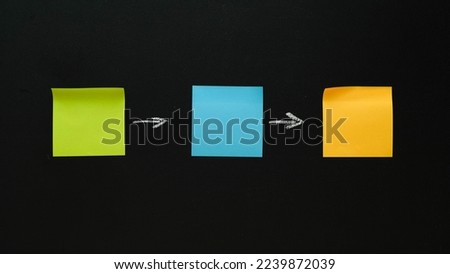 Multi-colored note paper with an arrows on a black background. Process concept with a place for your text Royalty-Free Stock Photo #2239872039