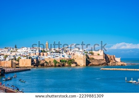 Scenic view of Rabat Morocco's capital city. Kasbah des Oudayas and Bouregreg River Royalty-Free Stock Photo #2239881309