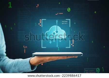 Close up of female hand holding cellphone with digital cloud computing hologram on blurry background. Cloud data, server, service and hosting concept