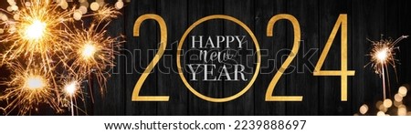 Sylvester, New Year's Eve 2024 Party, Happy New year, Fireworks, Firework background banner long- Sparklers, bokeh lights and golden year with text on black wooden texture