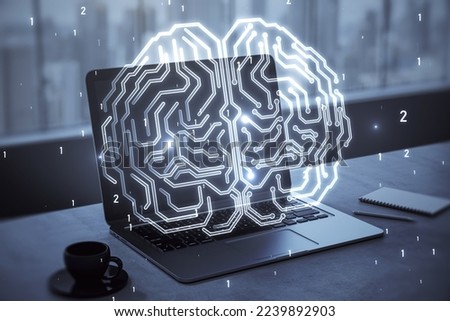 Close up of laptop computer on desktop with coffee cup and glowing human brain hologram on screen and blurry background. Neurology research and artificial intelligence concept. 3D Rendering