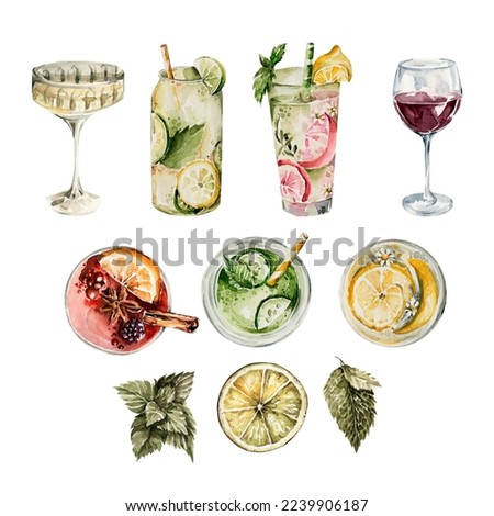 Watercolor alcohol cocktail. Hand painted natural lemonade, juice with citrus fruits, lemons. isolated on white background. illustration for design, print, logo