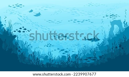 Underwater landscape. Manta and shark, seaweeds and corals, fish shoal silhouettes on ocean bottom. Vector background with sea vegetation and animals. Water life, Aquatic biodiversity, marine life