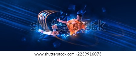 Young asian man, soccer player kick football ball over dark blue background with polygonal and fluid neon elements. Concept of sport, activity, creativity. Copy space for ad, text