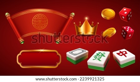3D illustration of CNY mahjong board game tiles, oriental pattern scroll, crown, dice, gold frame with gradient background. Translation : Zhong. Fa Royalty-Free Stock Photo #2239921325