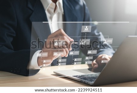 Organization chart with hierarchy structure of teams and employees in company. Business process and workflow automation with flowchart. Business and technology concept. Royalty-Free Stock Photo #2239924511
