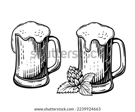 Beer mug vector sketch. Hops. Line art. Template. Close-up. Clip art. Hand Painting. Ink. Black and white