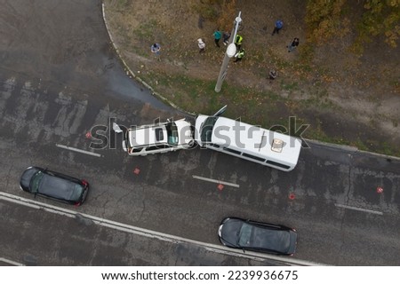Severe accident. Car accidents. View from above. Accident, head-on collision of two cars. Violation of traffic rules, insured event. Drone photography. Royalty-Free Stock Photo #2239936675