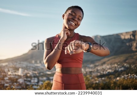 Black woman, fitness or smart watch for pulse check in nature workout, training or sunset exercise for cardiovascular healthcare. Smile, happy or sports runner with heart rate clock for body wellness Royalty-Free Stock Photo #2239940031