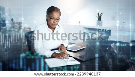 Woman vision, finance overlay and stock market with notebook, planning or calculator for future profit. Crypto, fintech expert and blockchain for investment, innovation or 3d holographic for analysis