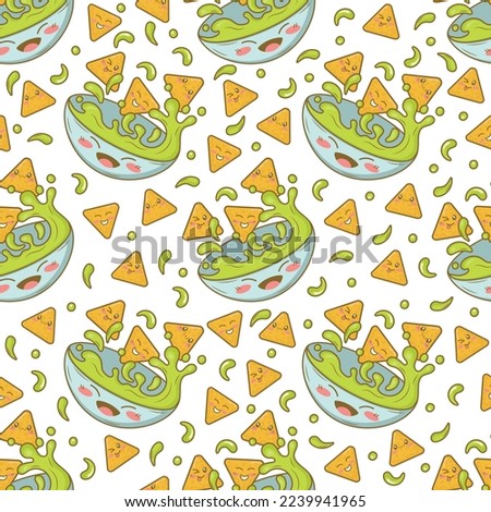 Seamless pattern with mexican nachos and guacamole with funny faces in doodle cartoon style isolated on white background