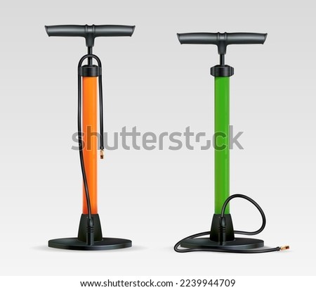 Hand air pump a white background. Vector illustration. 2 types of pump with different hose arrangement. Realistic vector.