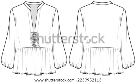 womens bishop sleeve peasant blouse flat sketch vector illustration technical cad drawing template Royalty-Free Stock Photo #2239952113