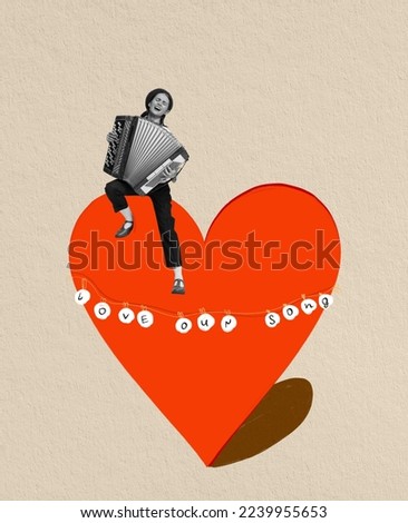 Young girl sitting on huge drawn heart and playing the accordion. Music and love. Creative design for greeting card for Valentine's day holiday. Aspirations, emotions and feelings. Art collage