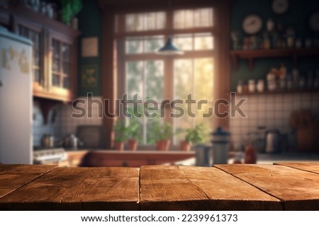 Wood table top on blur kitchen counter (room) background .For montage product display or design key visual layout.