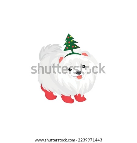Funny little dog with Christmas decor on white background