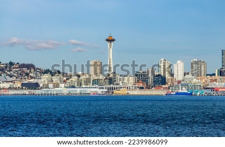 A view of architecture along the waterfront in Seattle, Washington.