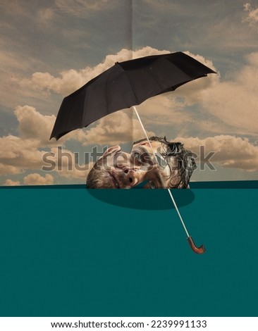 Man in deep depression go with the flow. Contemporary art collage. Inspiration, idea, trendy urban style. Copy space for text or ad. Surrealism. Poster for exhibitions Royalty-Free Stock Photo #2239991133