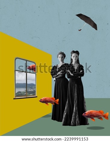 Two serious women in medieval dresses in surreal room. Contemporary collage. Inspiration, idea, trendy urban fashion style. Copy space for text or ad. Surrealism. Poster for exhibitions Royalty-Free Stock Photo #2239991153