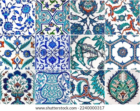 Set of ancient traditional handmade tiles with flowers pattern.