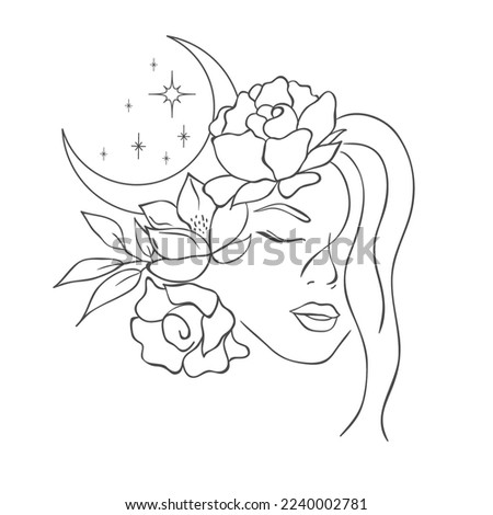 Woman Head with Florals and Moon. Fashion Style. Vector Illustration.