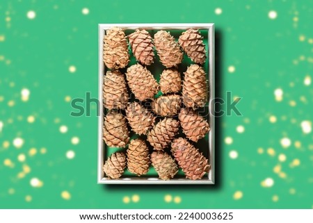 The frame of the picture is made of cedar cones. Healthy food and diet food. Art from natural objects