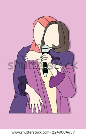 Colored illustration of kpop idol female best friends hugging on stage