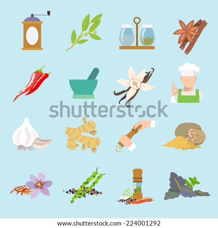 Herbs and spices flat icons set of ginger chili pepper garlic isolated vector illustration. Royalty-Free Stock Photo #224001292