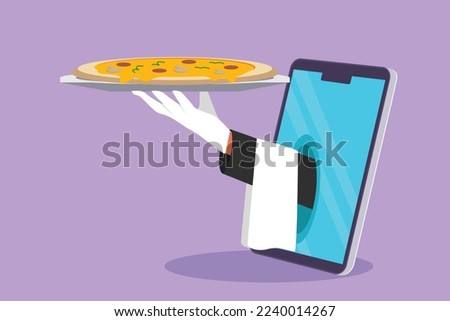 Cartoon flat style drawing hands out of smartphone screen with tray open to serve delicious Italian pizza. Digital app order. Online food delivery service concept. Graphic design vector illustration