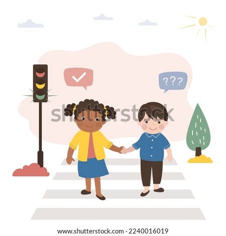 African american girl and caucasian boy cross road at crosswalk. Pedestrian safety, kids follow rules of road. City view, urban road, traffic light. Multiethnic children characters at street. vector Royalty-Free Stock Photo #2240016019