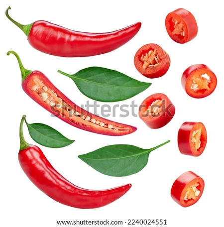 Red hot chili pepper. Fresh organic chili pepper with leaves isolated on white background. Chili pepper with clipping path Royalty-Free Stock Photo #2240024551
