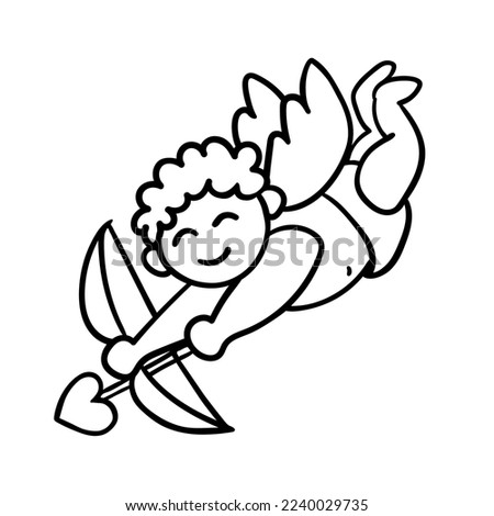Funny Cupid with bow and heart arrow isolated on white. Hand drawn outline sketch, doodle style. Amur baby or little angel. Vector character for romantic and wedding design, Valentine's day symbol.