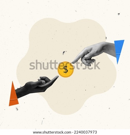 Contemporary artwork. Creative design. Human hands reaching coin symbolizing online financial business. Bitcoin. Concept of business, success, growth, teamwork, career development. Copy space for ad